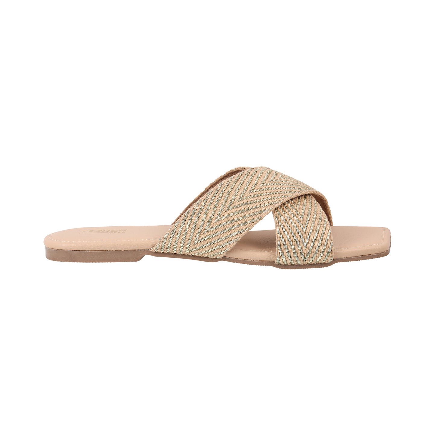 Touch Heel Women's Fashion Slippers – Stylish Cross-Strap Design, Textured Straps, Square Toe, Comfortable Flat Sole – Ladies Footwear for Casual Outings, Beachwear, and Daily Activities